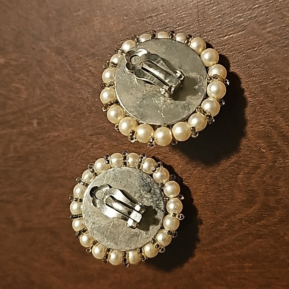 Vintage 1960's Hand-Made Faux Pearl Earrings, Clip-on, Retro Style, 2"×2" - Picture 3 of 3